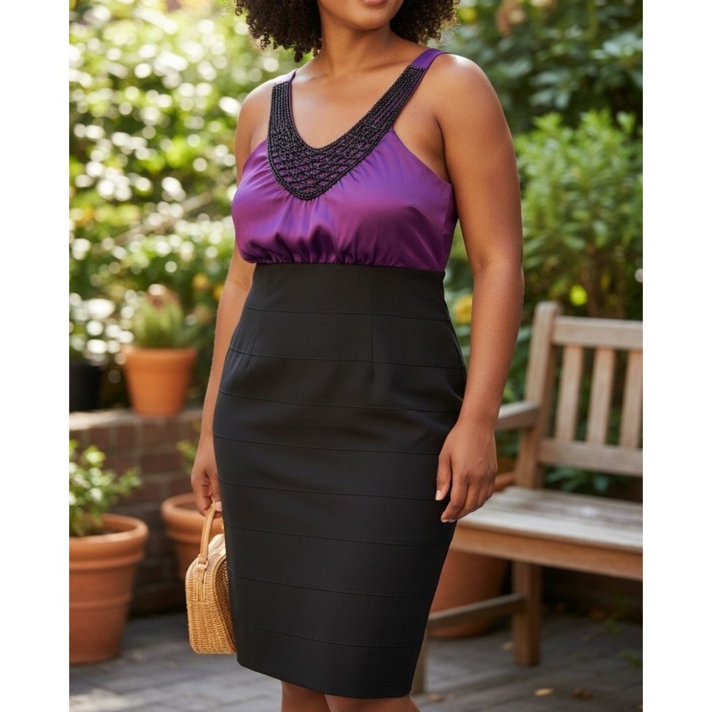 Torrid Purple Black Beaded Satin Tiered‎ Cocktail Dress Plus Size 18 Glam Goth